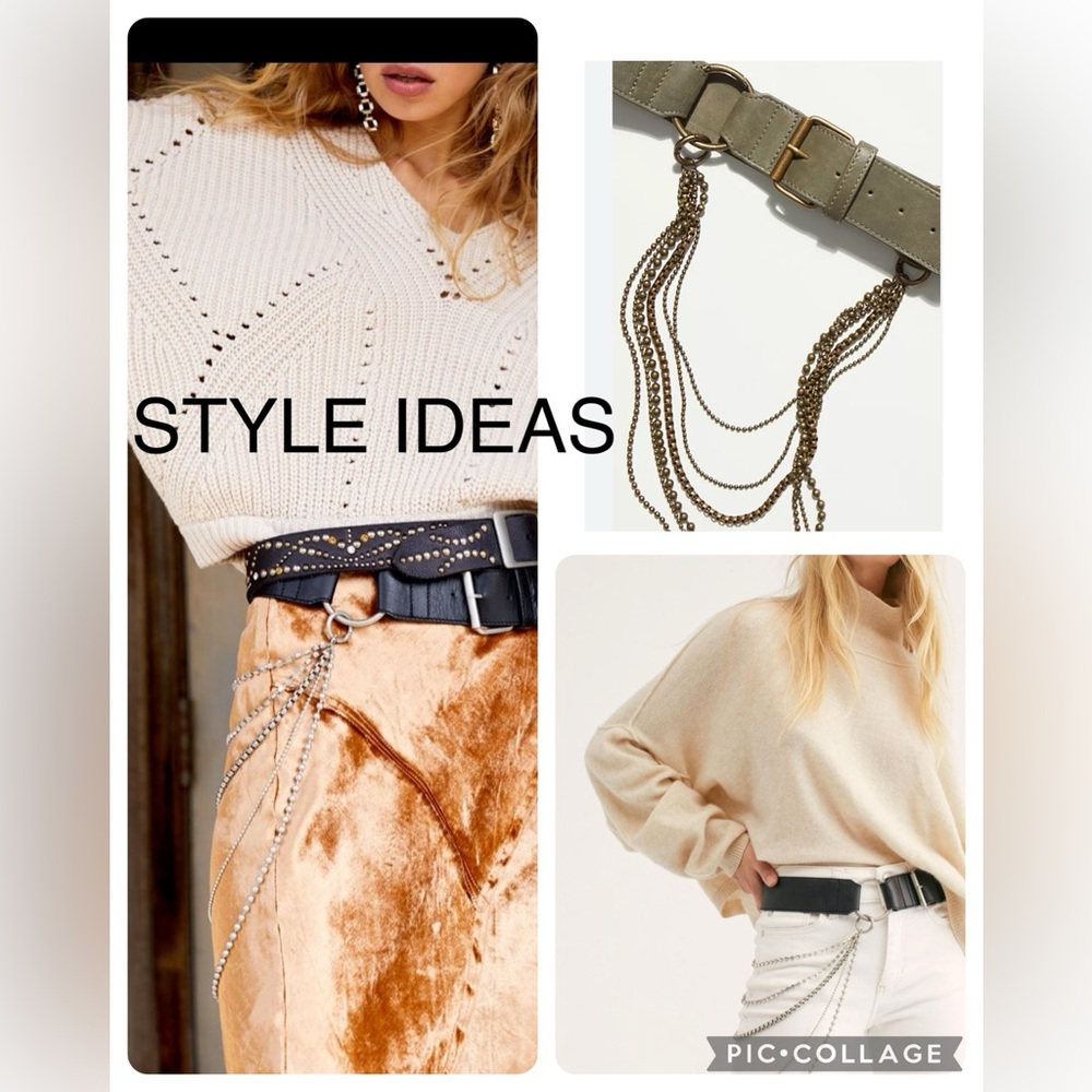 Free People White Leather Diamonte Chain Belt Distressed NEW NWOT - Picture 2 of 11